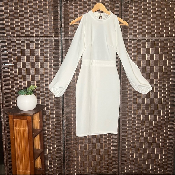 White Sheath Dress with Bishop Sleeves and Cold Shoulder - Picture 6 of 11